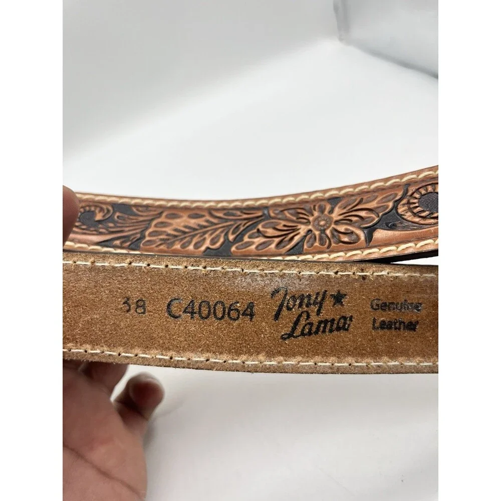 Tony Lama Tooled Floral Leather Mens Western Belt Size 38 Brown Silver C40064